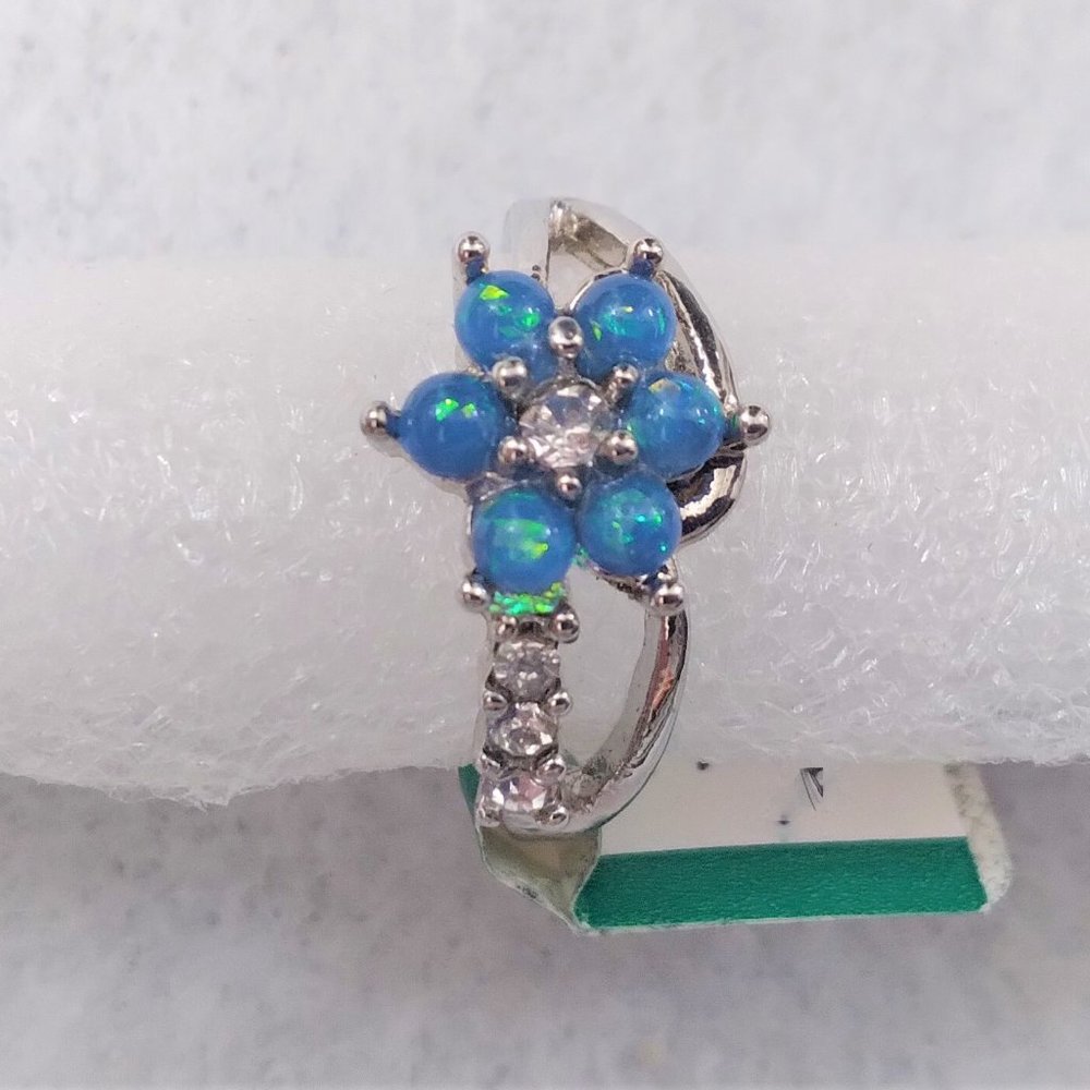 Brand New Cute Blue Fire Synthetic Opal Flower White Gold Plated Ring - Size 7